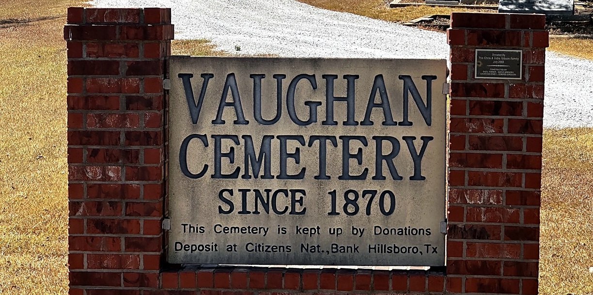 Brick entrance to Vaughan Cemetery in Hill County, Texas