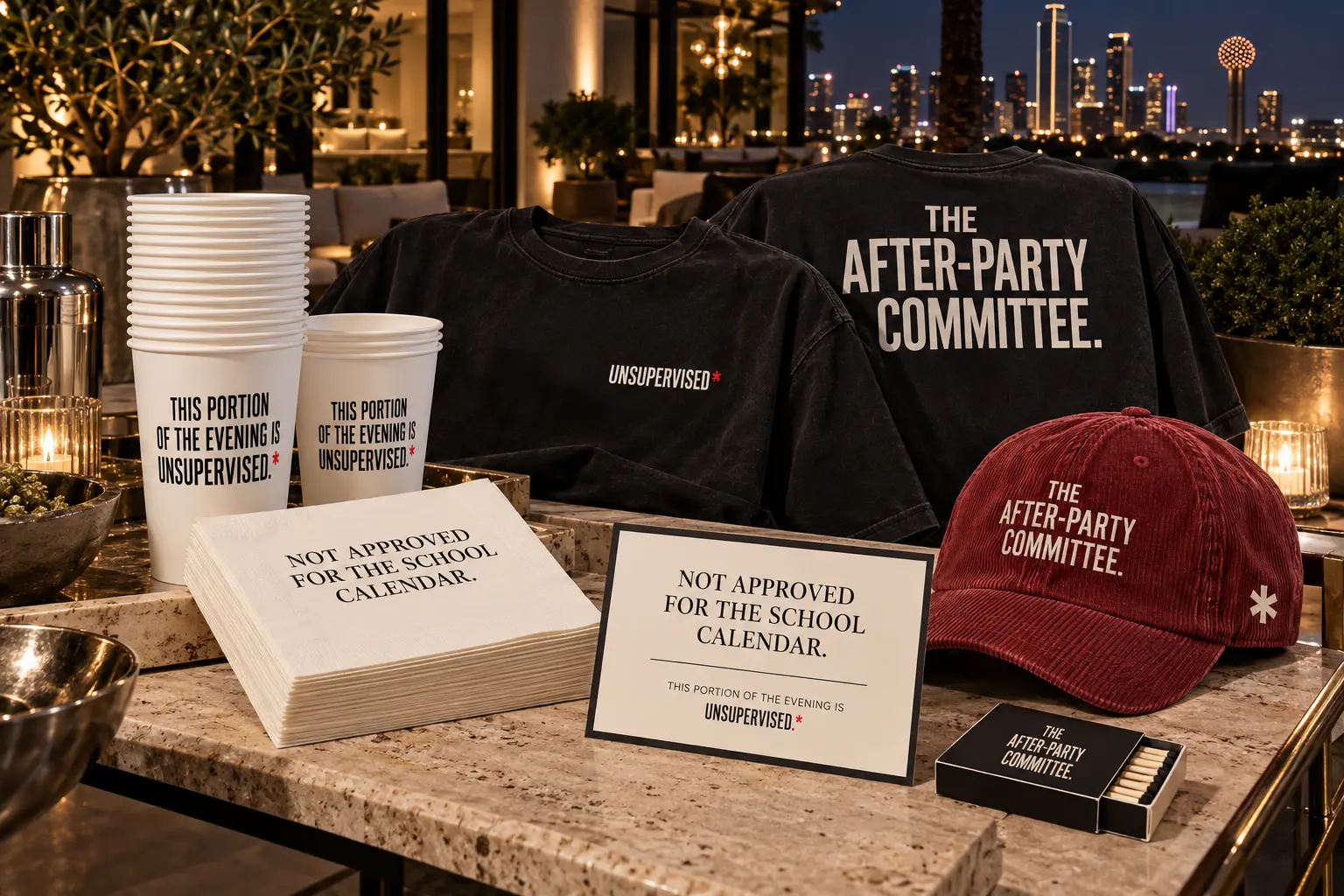 After-Party Committee merchandise concept with apparel and party cups