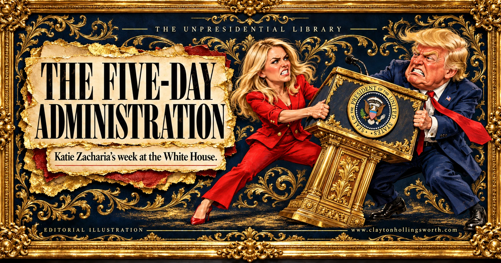 Original satirical illustration of Katie Zacharia and Donald Trump pulling opposite sides of a presidential lectern bearing the presidential seal.