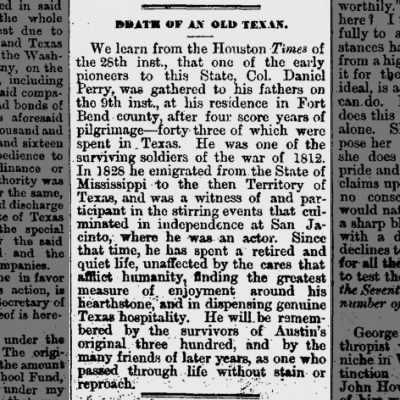 Daniel Perry’s original obituary clipping, “Death of an Old Texan”